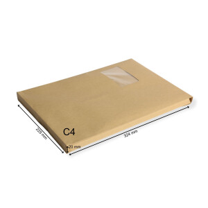 C4 Faltenversandtaschen mit Fenster braun Stehboden und 20 mm Falte 130 g Kuvert 229x324x20 mm haftklebend Briefumschläge HK Briefhüllen 50 Stück