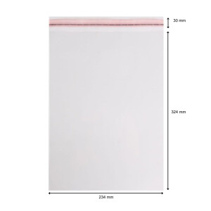 Schutzhülle A4, 234 x 324 mm + 30 mm Klappe mit Klebeverschluss, transparent 10 Stück